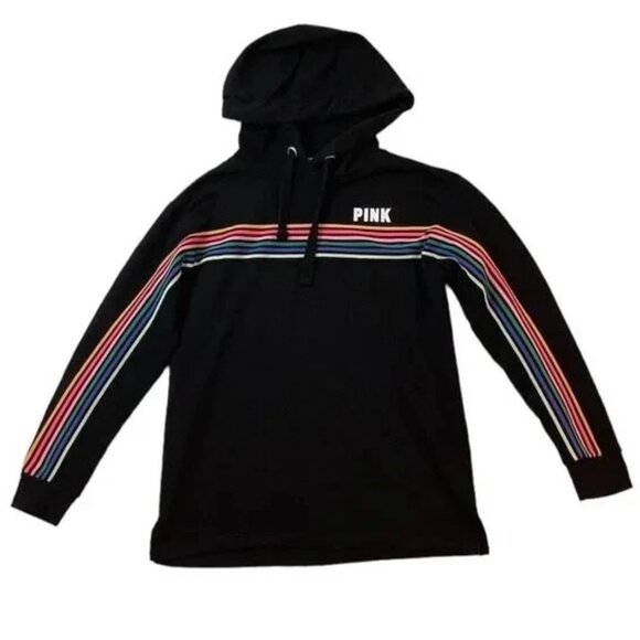 Pink Victoria's Secret Black Long Sleeve Striped Logo Hoodie Size XS - Picture 1 of 10